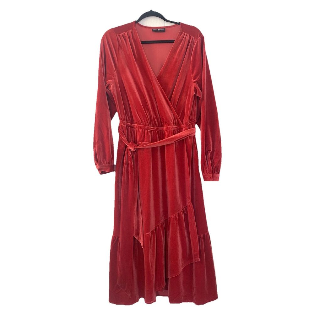 Lane Bryant Dress Woman 14 16 Red Velvet Wrap Midi Pockets Belt Romantic Goth